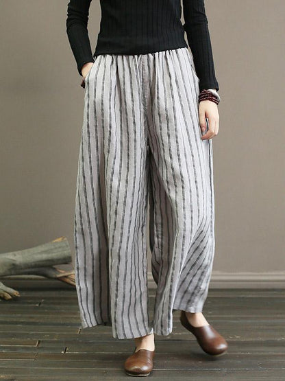 Linen Striped  Wide Leg Pants