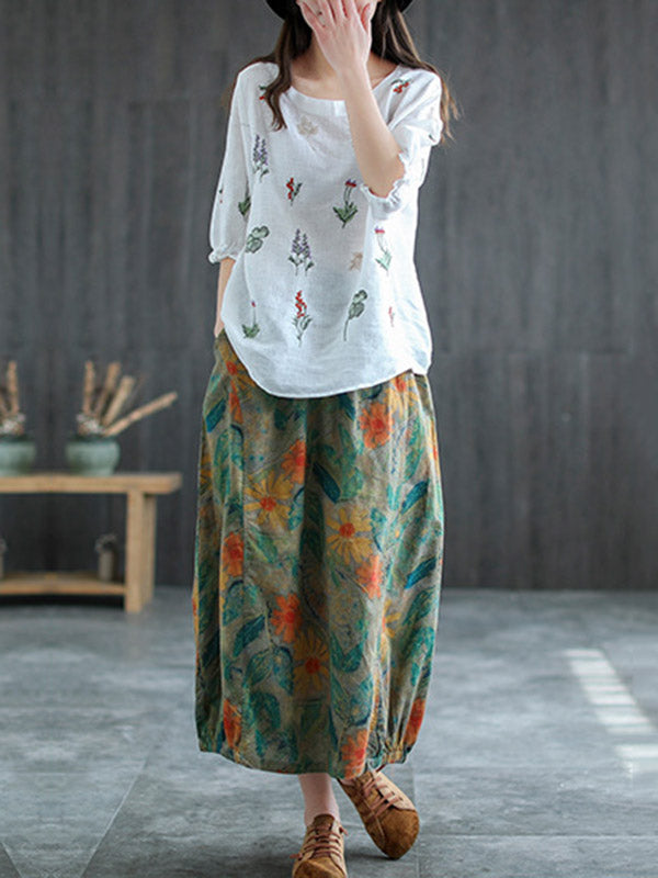 Ramie Cotton Embroidered Round-Neck Short Sleeve T-Shirts Tops