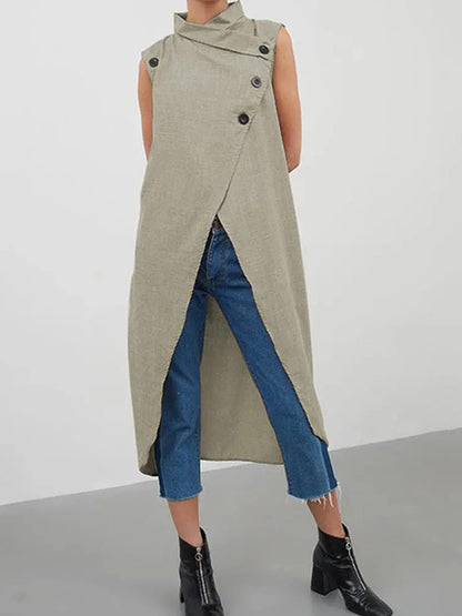 Stylish High-Low Solid Color Cross-Strap Stand Collar Vest Top