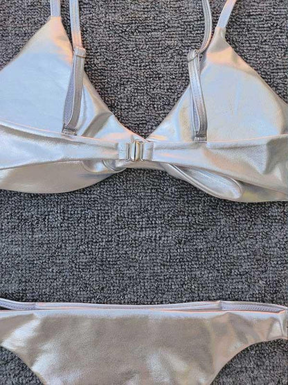 Shiny Plain Twist Sexy Bikini Swimsuit