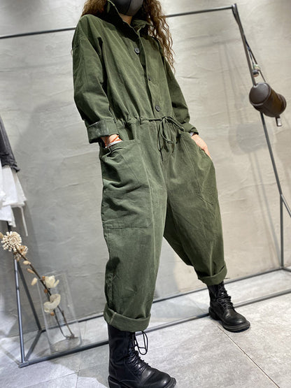 Fashion Long Sleeves Lapel Solid Color Jumpsuits