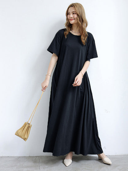 Simple Solid Color Oversized A-Line Round-Neck Short Sleeves Maxi Dress