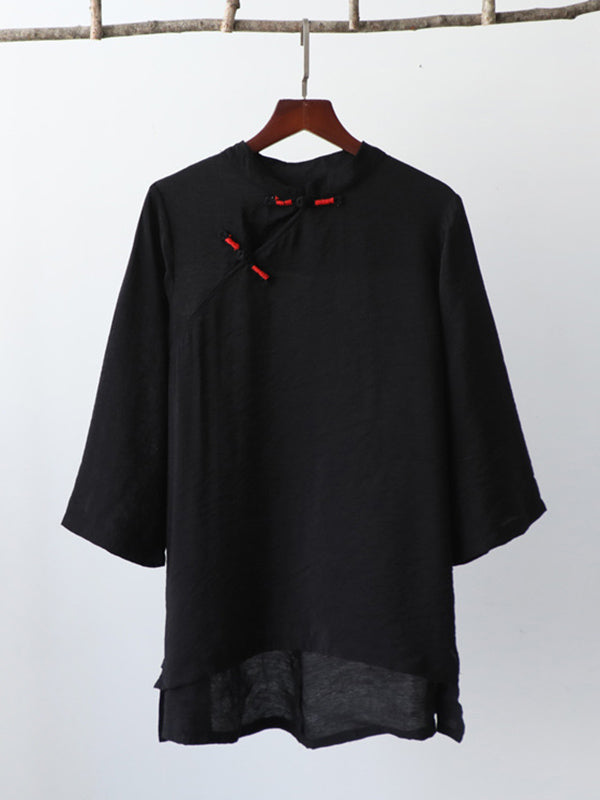 Vintage Tencel Buttoned Stand Collar High-Low Half Sleeves T-Shirt