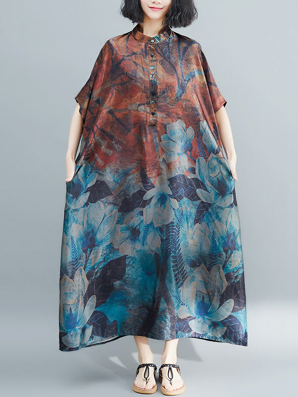 Vintage Loose Printed Stand Collar Batwing Sleeves Maxi Dress