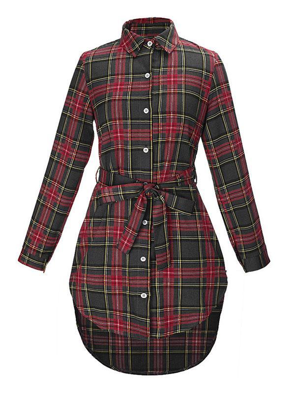 Polo Collar Checkered Belt Buckle Midi Shirt