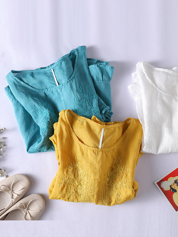 Ramie Cotton Embroidered Round-Neck T-Shirts Tops