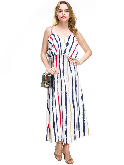 Printed Falbala Spaghetti-neck Maxi Dress