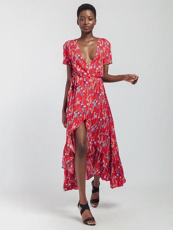 V-neck Floral Cut Irregular Hem Maxi Dress