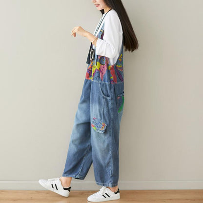 Buykud Printed Frayed Casual Loose Denim Jumpsuit