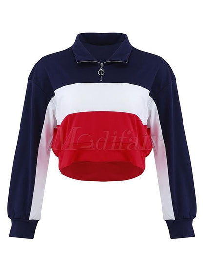 Split-joint Striped Zipper Bare Midriff Sports Sweatshirt