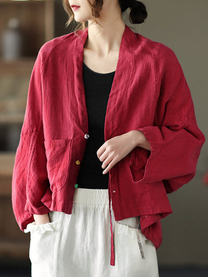 Casual V-Neck Linen Batwing Sleeves Outerwear