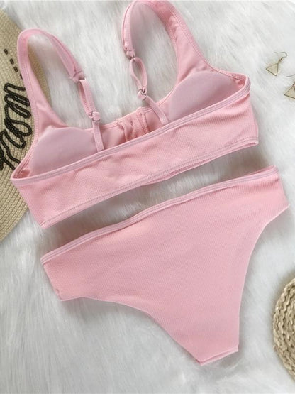 Button Solid Beach Bikinis Swimwear