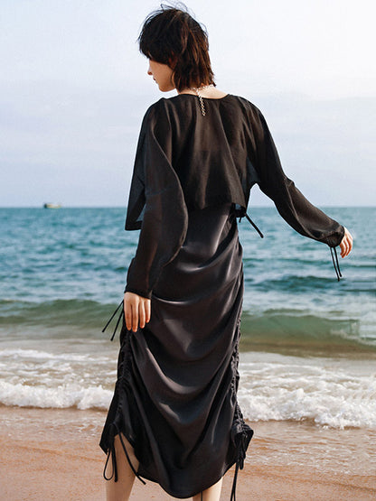 Fashion Ruffled Drawstring Bandage Spaghetti-Neck Midi Dress