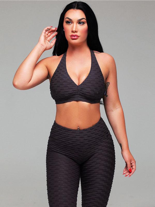 Yoga Solid V-neck Bra And Leggings Suits