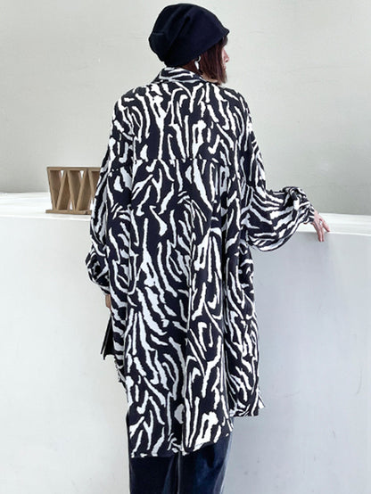 Stylish Printed Buttoned Batwing Sleeve Lapel Blouse Tops