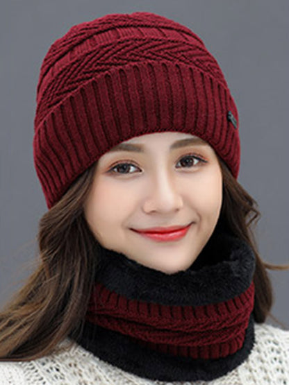 Winter Knitting Solid Color Keep Warm Scarf&Hat Two Pieces Set