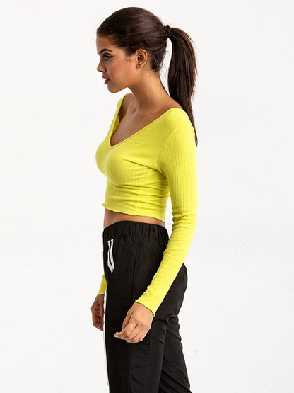 Solid Bare Midriff Off-the-shoulder Tee
