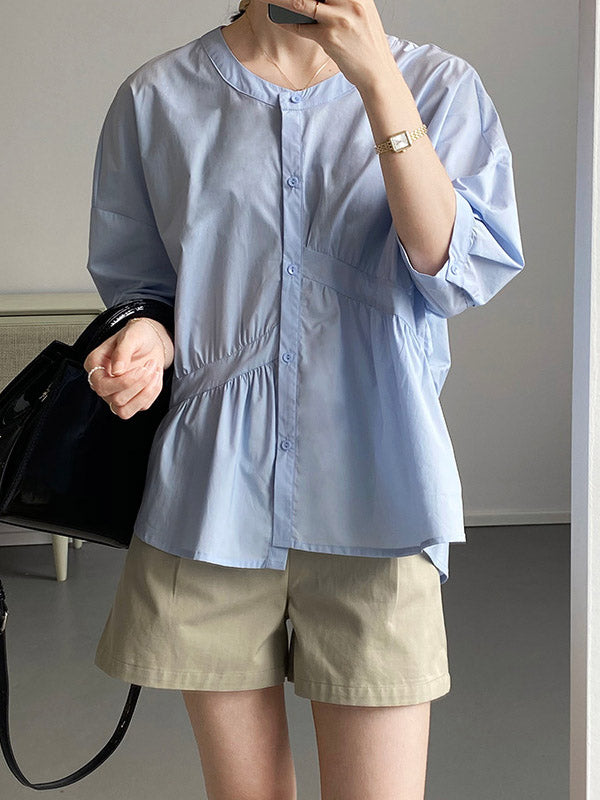 Stylish White&Blue Asymmetric High-Low Half Sleeves Blouses