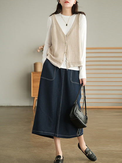 Simple Solid Color Buttoned V-Neck Hollow Vest Tops