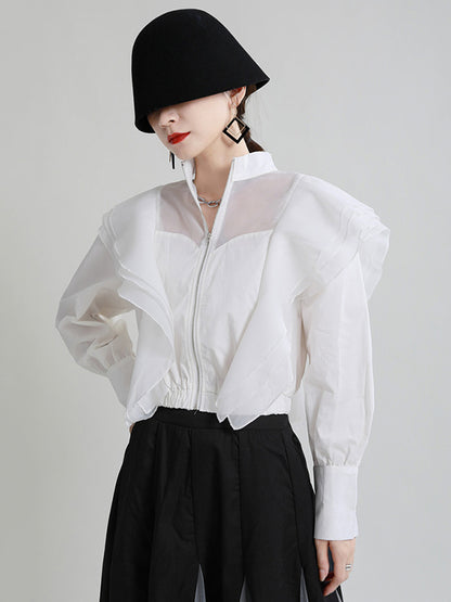 Stylish Solid Color Split-Joint Mesh Falbala Zipper Stand Collar Long Sleeves Outwear