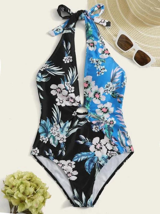 Split-Joint Floral-Print One-Piece Swimwear