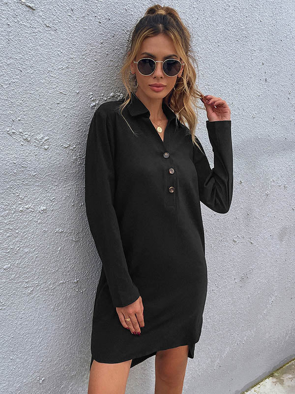 Casual Solid Color V-Neck Lapel Buttoned Half Sleeves Mini Dress