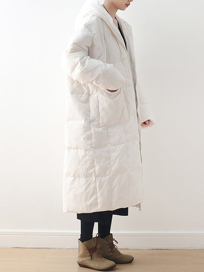 Simple White Duck Down Over Knee Solid Color Zipper Hooded Down Wear Coat