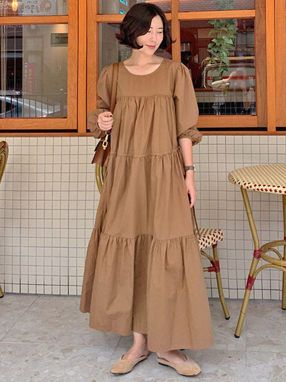 Casual Solid Color Pleated Drawstring Round-Neck Long Sleeves Midi Dress