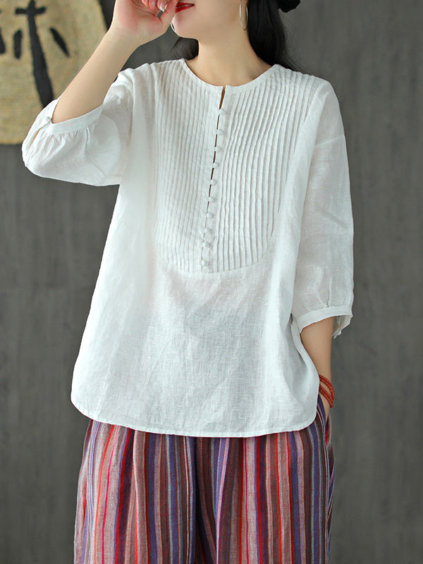 Original Linen Solid Color Pleats T-Shirts Tops