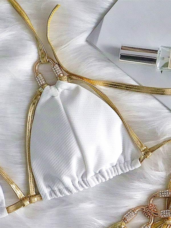 Solid Color Bandage Split Bikini Swimsuit