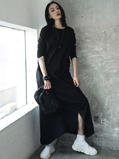 Casual Solid Color Pleated Long Sleeves Round-Neck T-Shirt Tops