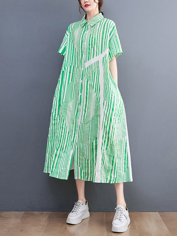 Artistic Retro Loose Striped Contrast Color Midi Shirt Dress