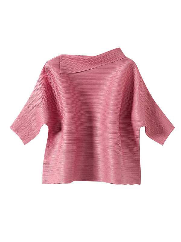 Original Pleated Solid Color Lapel Collar T-Shirt Top