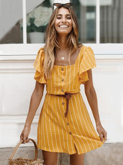 Square Collar Casual Stripped Mini Dress