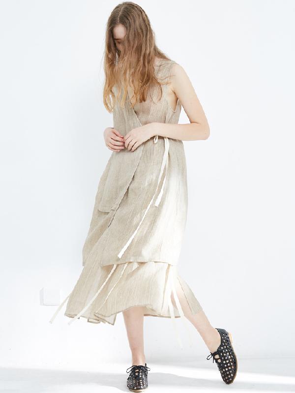 Simple Loose Linen Lace-up Sleeveless Top+Skirt Suits