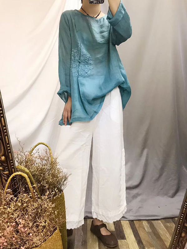 Vintage Ramie Cotton Embroidered Round-Neck T-Shirt Tops