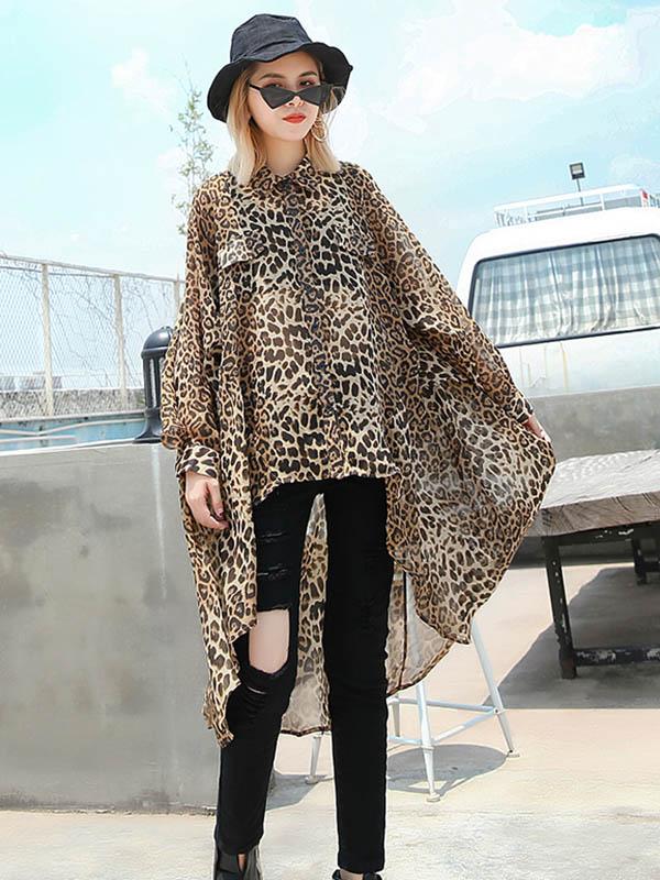 Leopard Chiffon Loose High-low Light Shirt Top