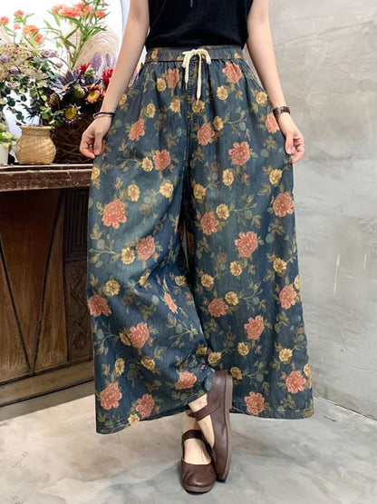 Loose Artistic Retro Wide Legs Floral Printed Jean Pants