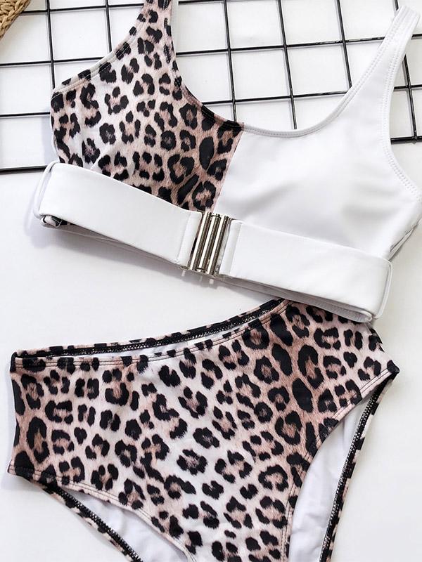 Stitching Leopard Empire Bikini Swimsuit