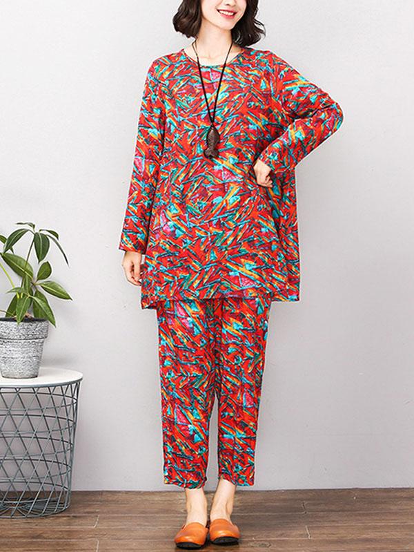 Red&Green Printed Round-neck T-shirt+Pants Suits