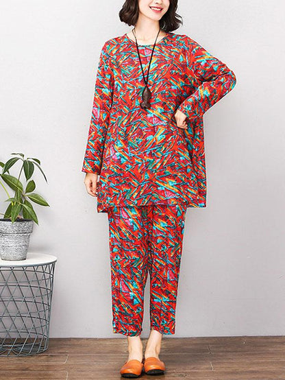 Red&Green Printed Round-neck T-shirt+Pants Suits