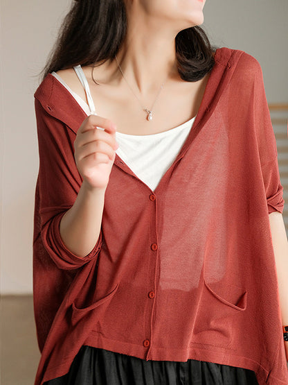 Casual Batwing Sleeve Hooded High-Low V-Neck Buttoned Cardigans