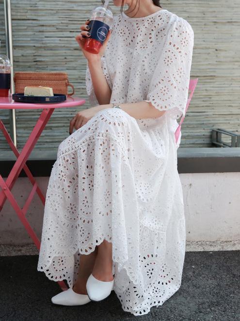 Loose Ramie Cotton Hollow Midi Dresses