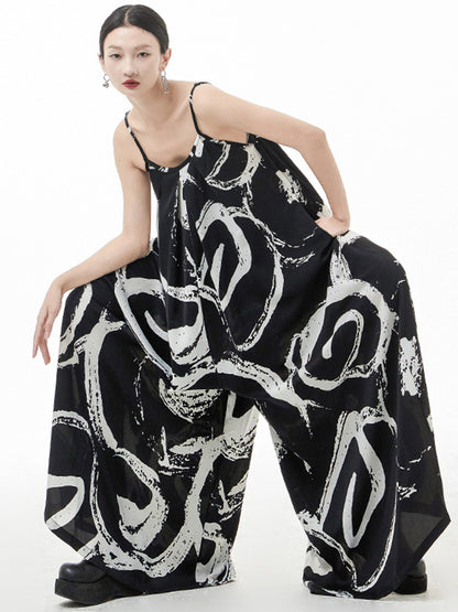 Stylish Loose Black Printed Spaghetti-Neck Wide Leg Jumpsuits