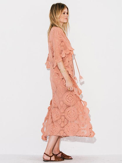 Pink Lacy Split-joint Beach Cover-up Maxi Dress