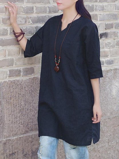 Simple Ramie Cotton V-neck Tops