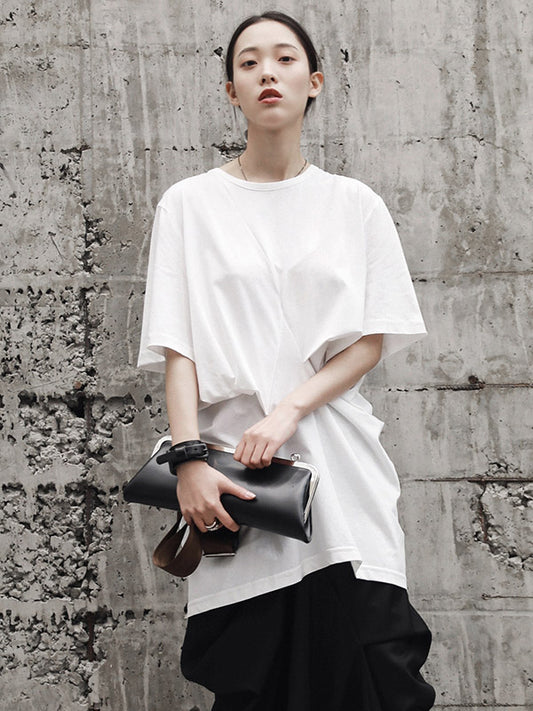 Simple Solid Color Asymmetric Pleated Short Sleeves Round-Neck T-Shirt