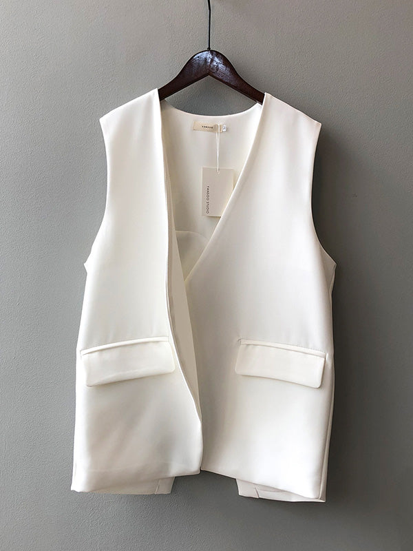 Urban Solid Color Split-Joint With Pocket Split-Back V-Neck Sleeveless Vest Outwear