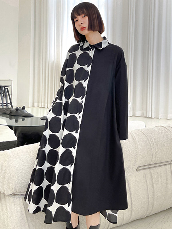 Stylish Irregular Polka-Dot Spit-Joint Buttoned Lapel Collar Long Sleeves Midi Shirt Dress