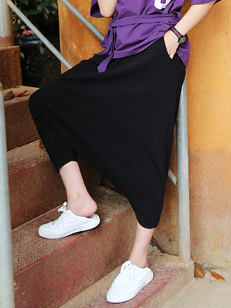 Casual Loose Ramie Cotton Solid Color Elasticity Waist Wide Legs Harem Pants